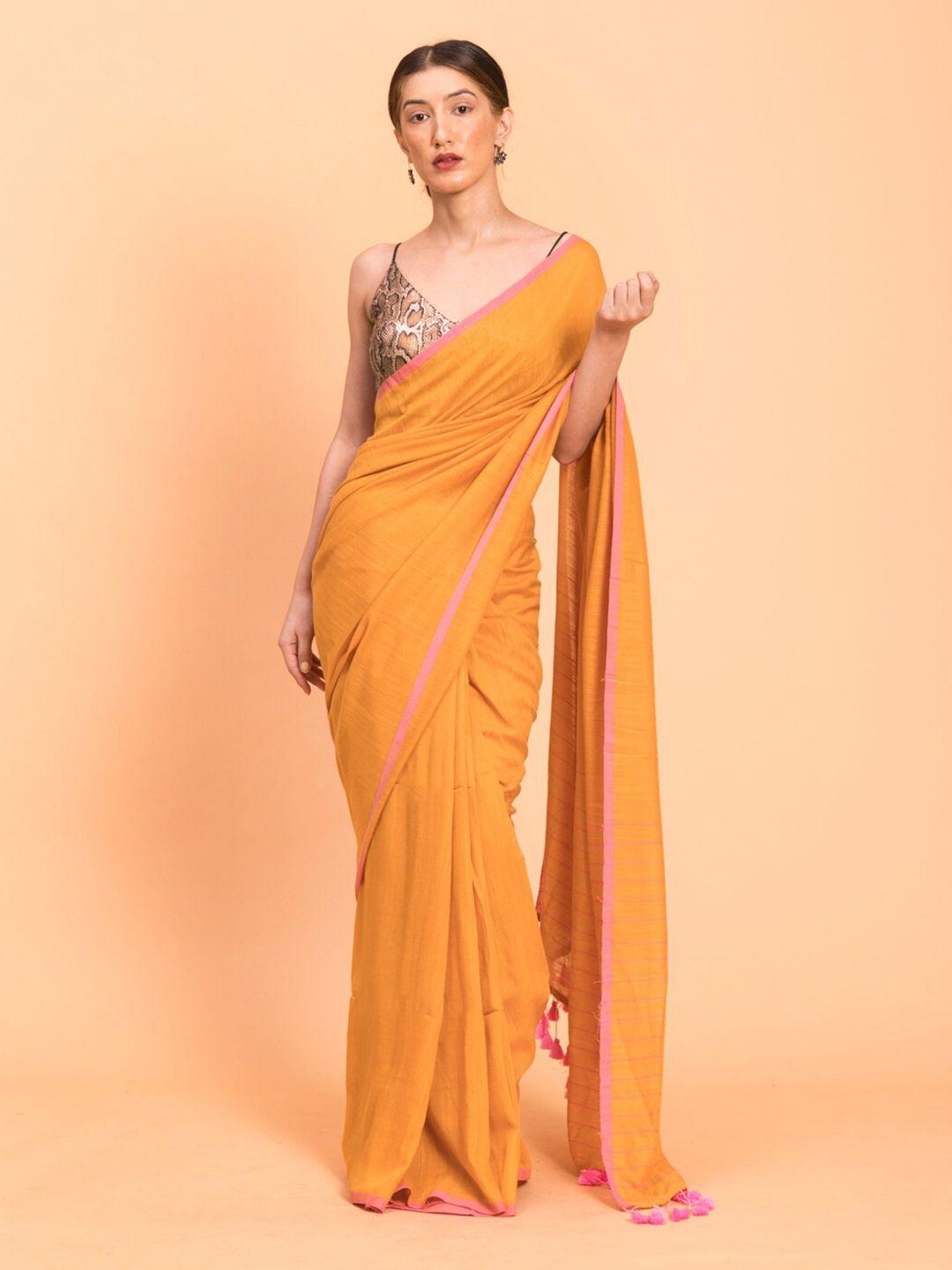 suta mustard yellow &  pink solid cotton striped saree