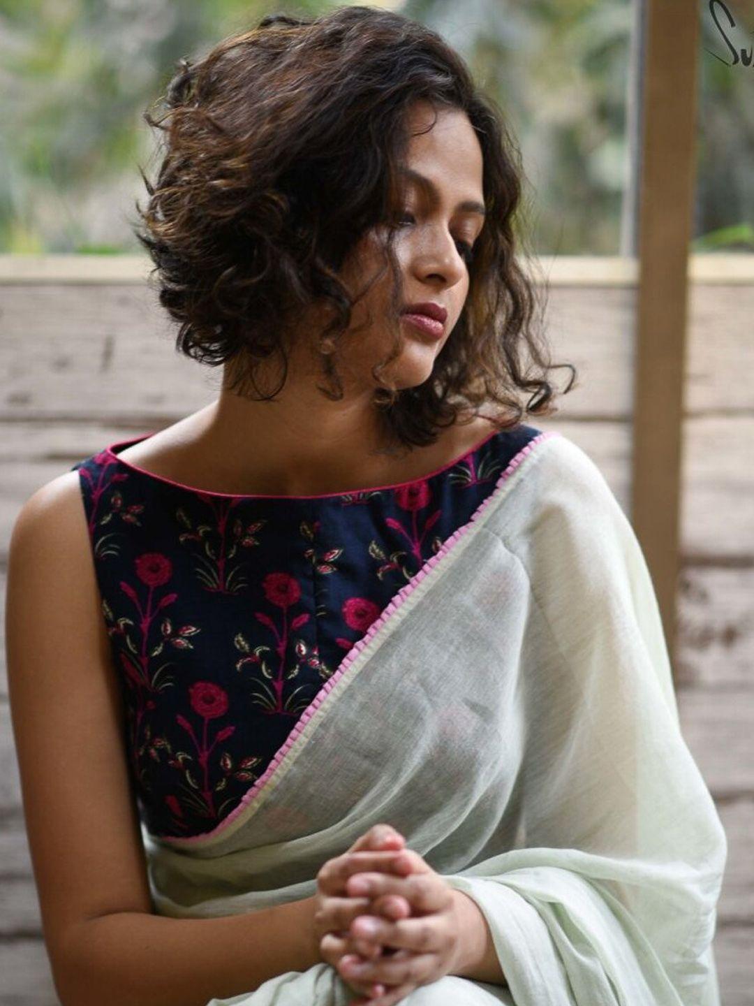 suta navy blue & pink printed saree blouse