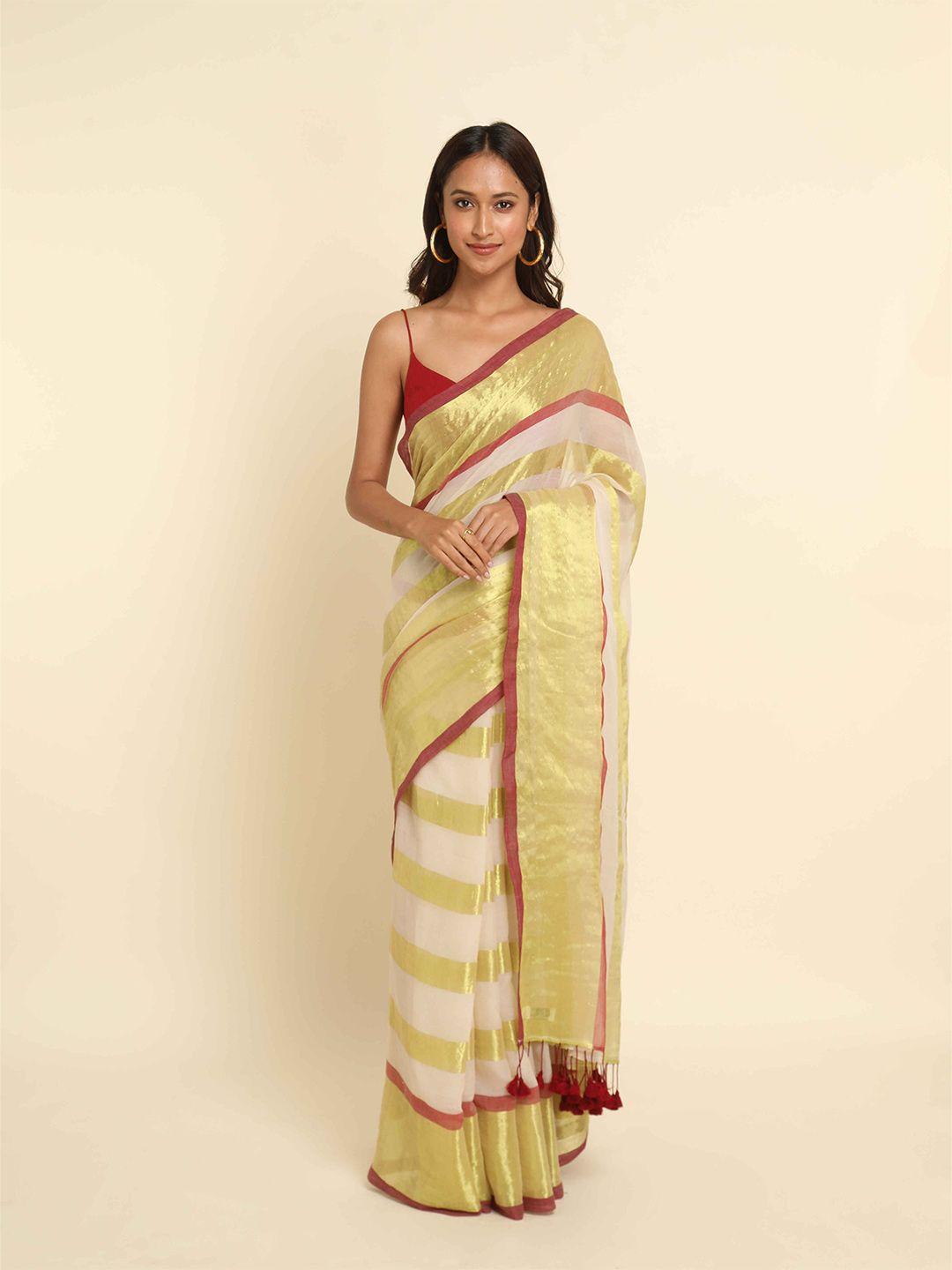 suta off white & golden striped saree