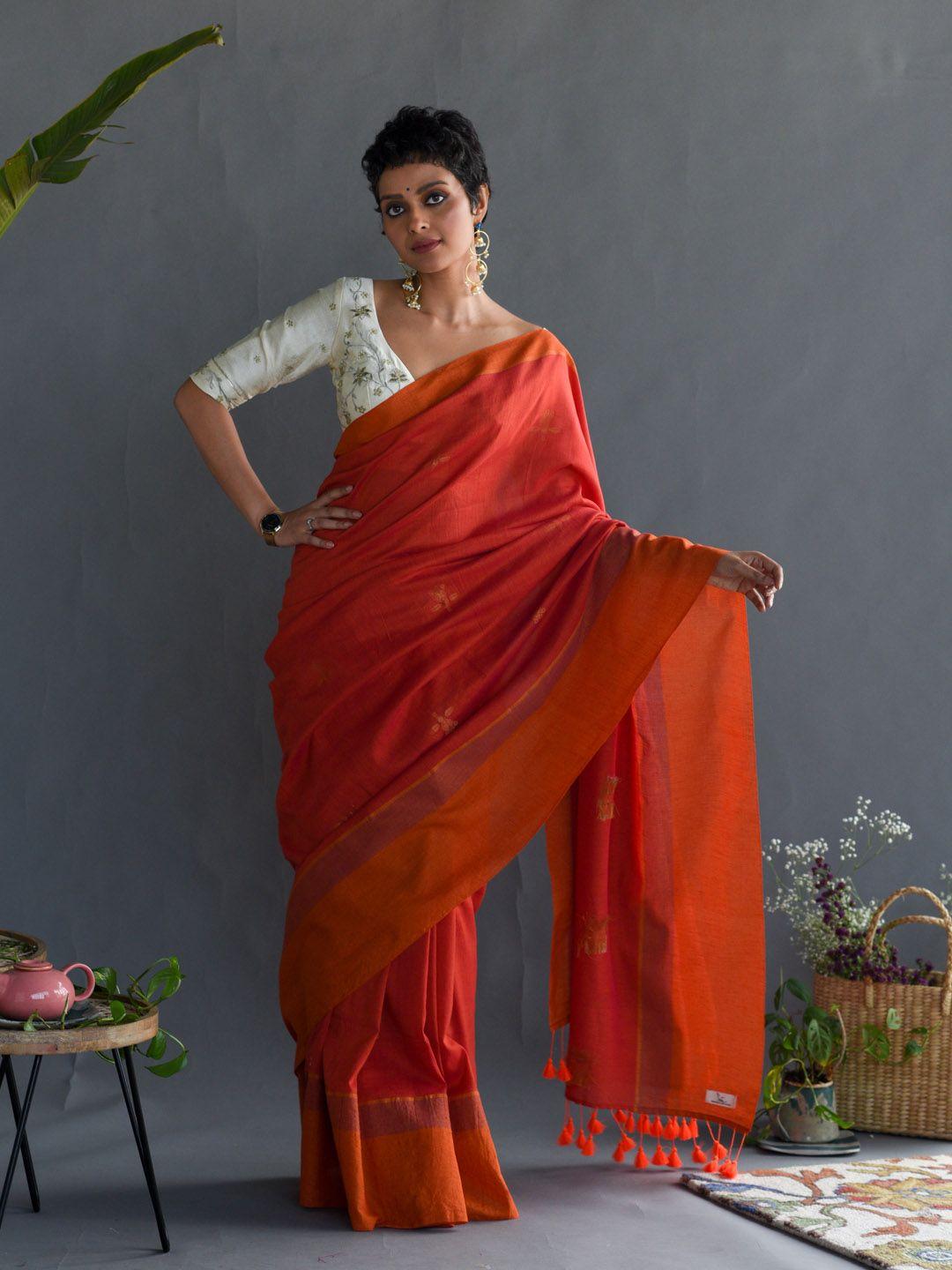 suta orange & gold-toned floral woven design zari pure cotton saree