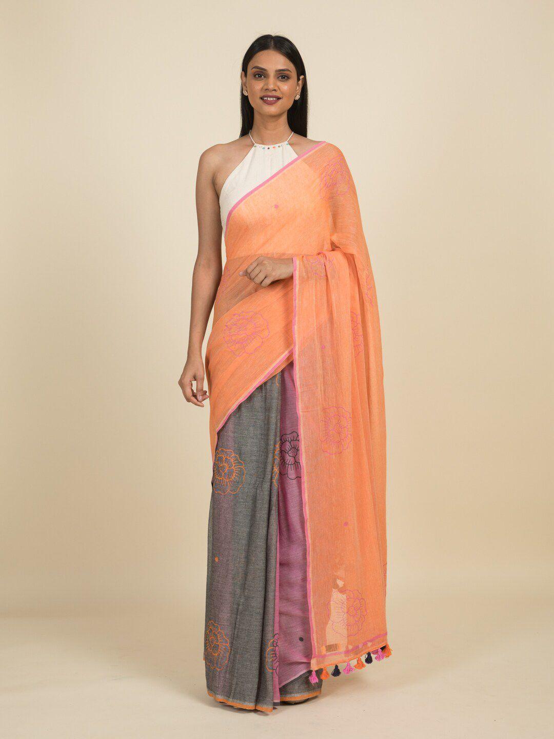 suta orange & grey floral pure cotton saree