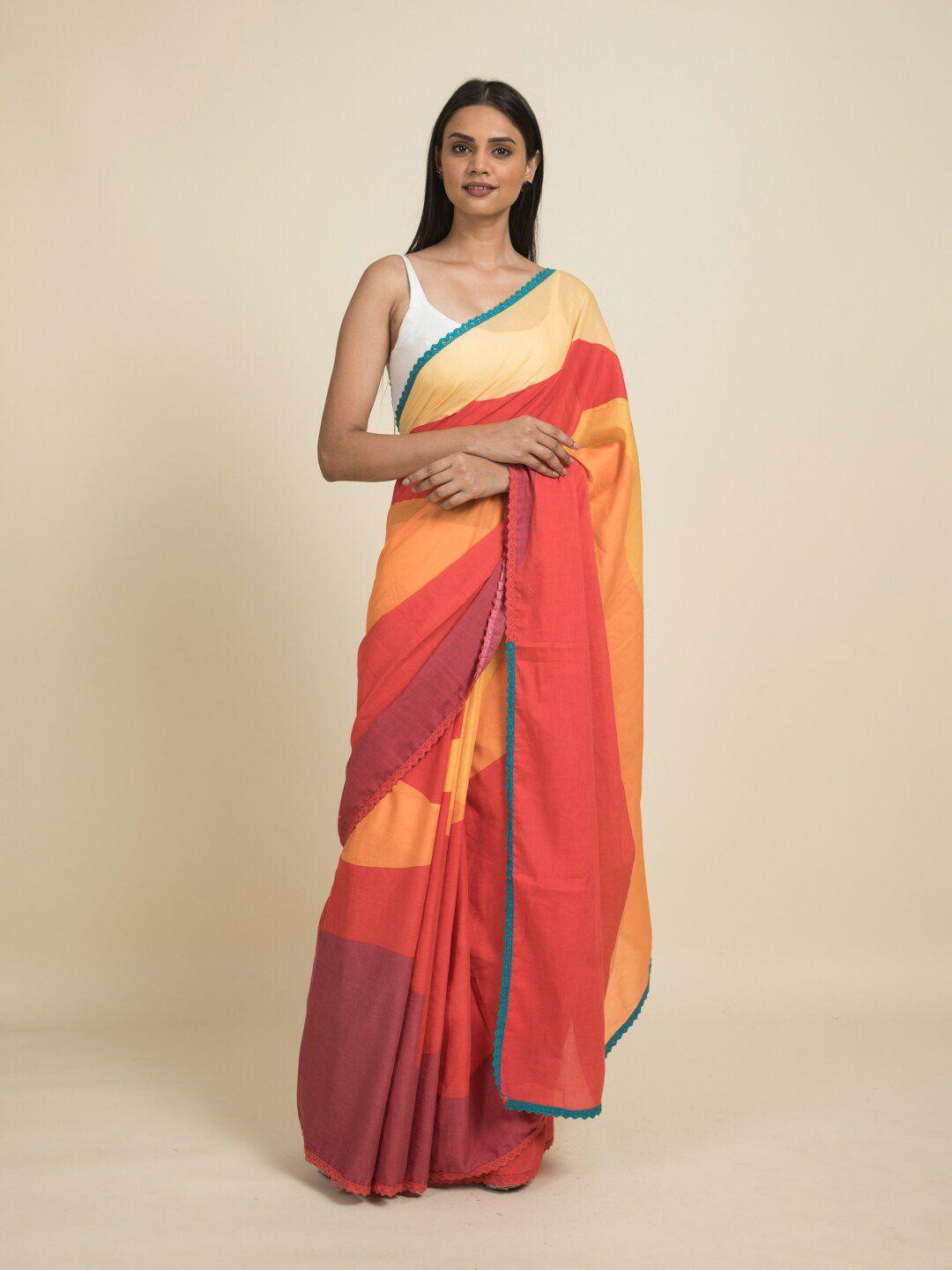 suta orange & yellow colourblocked pure cotton saree