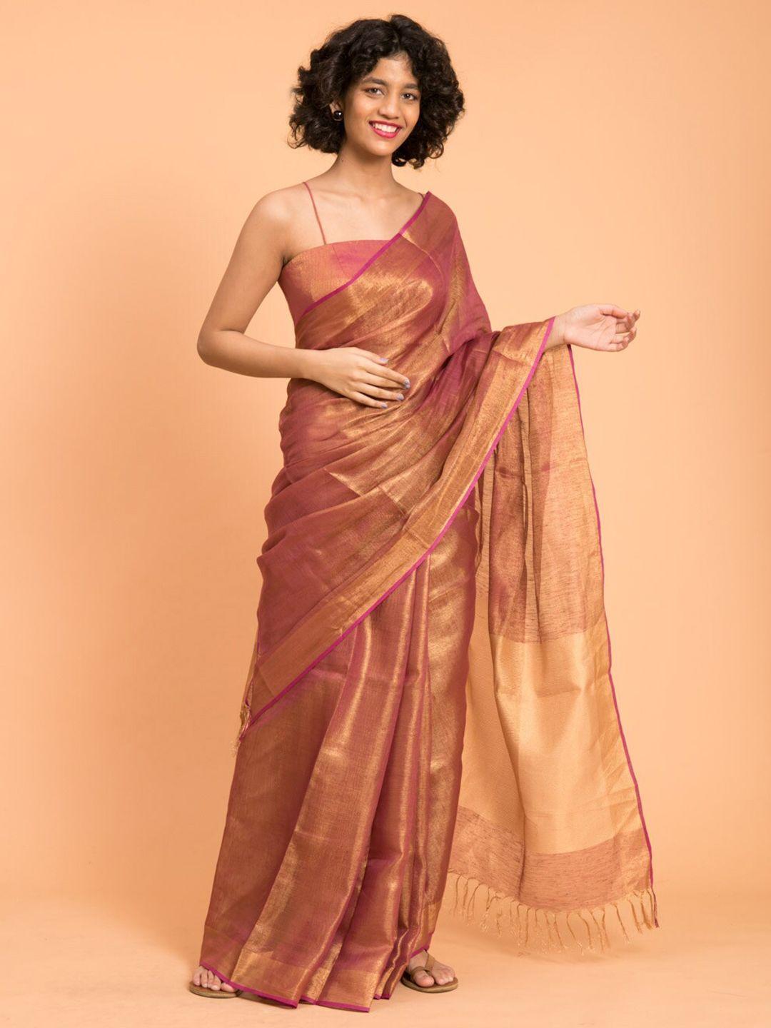 suta pink & gold-toned solid zari pure linen saree