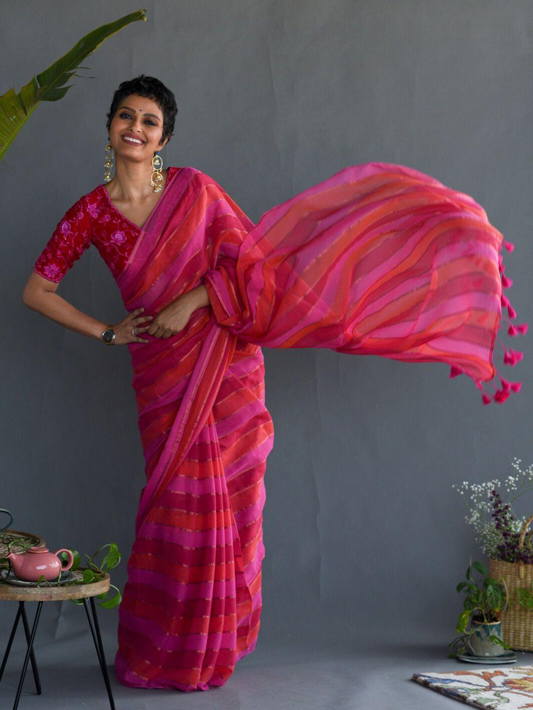 suta pink & orange striped zari pure cotton saree
