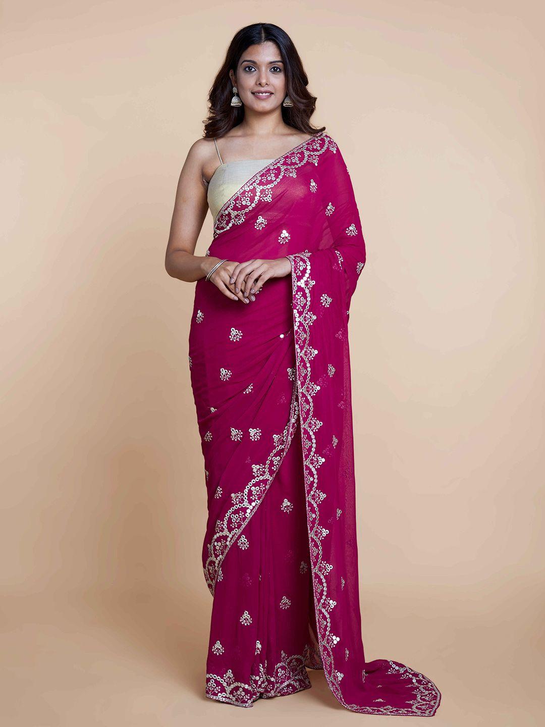 suta pink & silver-toned floral embroidered mirror work saree