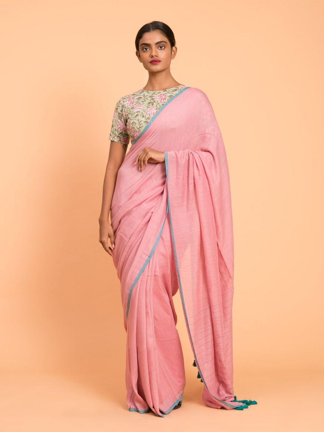 suta pink & turquoise blue solid cotton blend saree