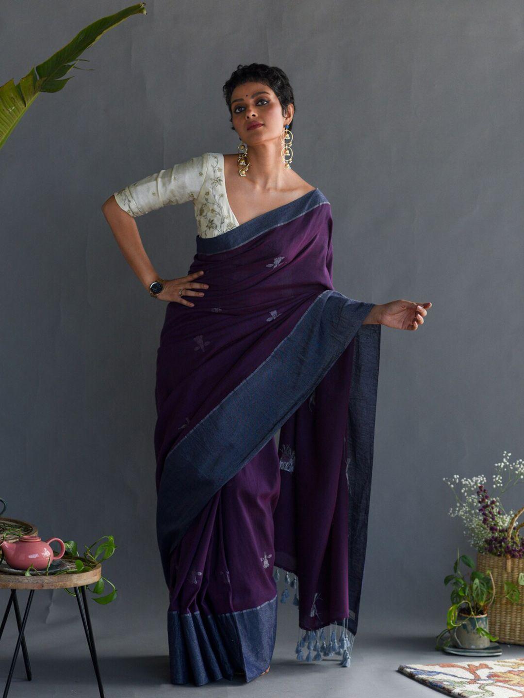 suta purple & blue woven design zari pure cotton saree