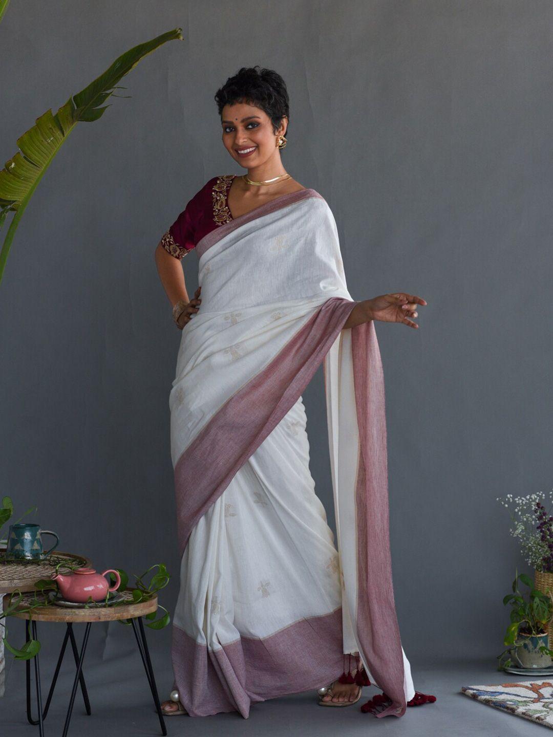 suta white & maroon ethnic motifs printed pure cotton saree