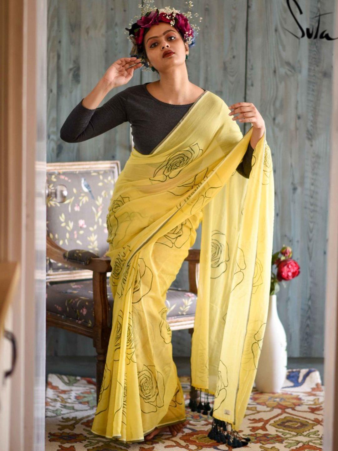 suta yellow & black printed pure cotton saree