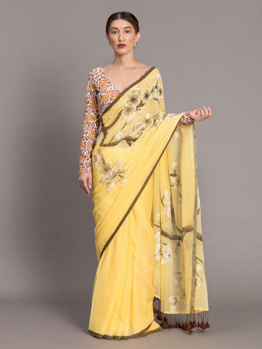 suta yellow brown floral pure cotton hand painted saree