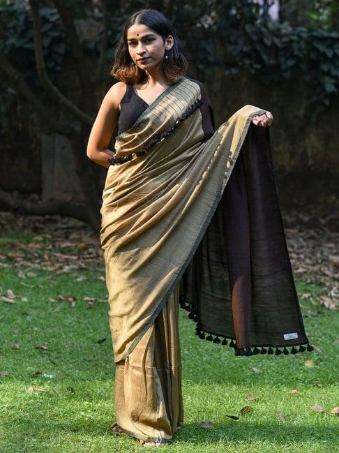 suta beige & black plain saree without blouse