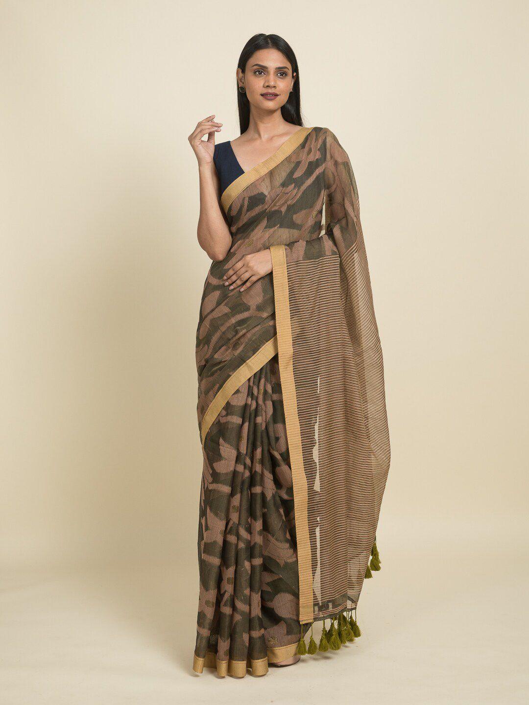 suta beige & grey floral woven design saree