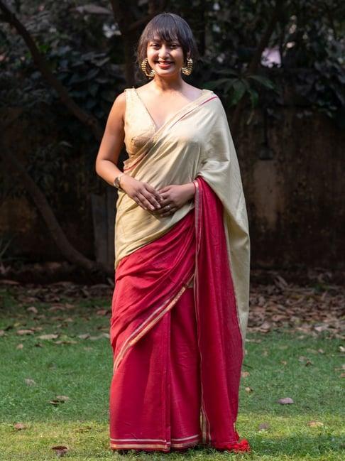 suta beige & pink plain saree without blouse