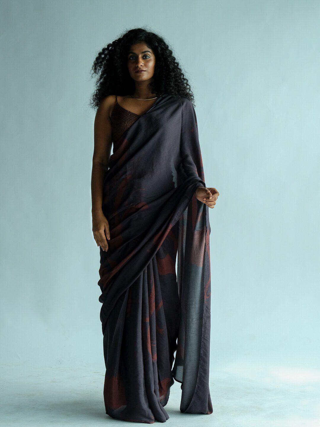 suta black & brown abstract printed saree