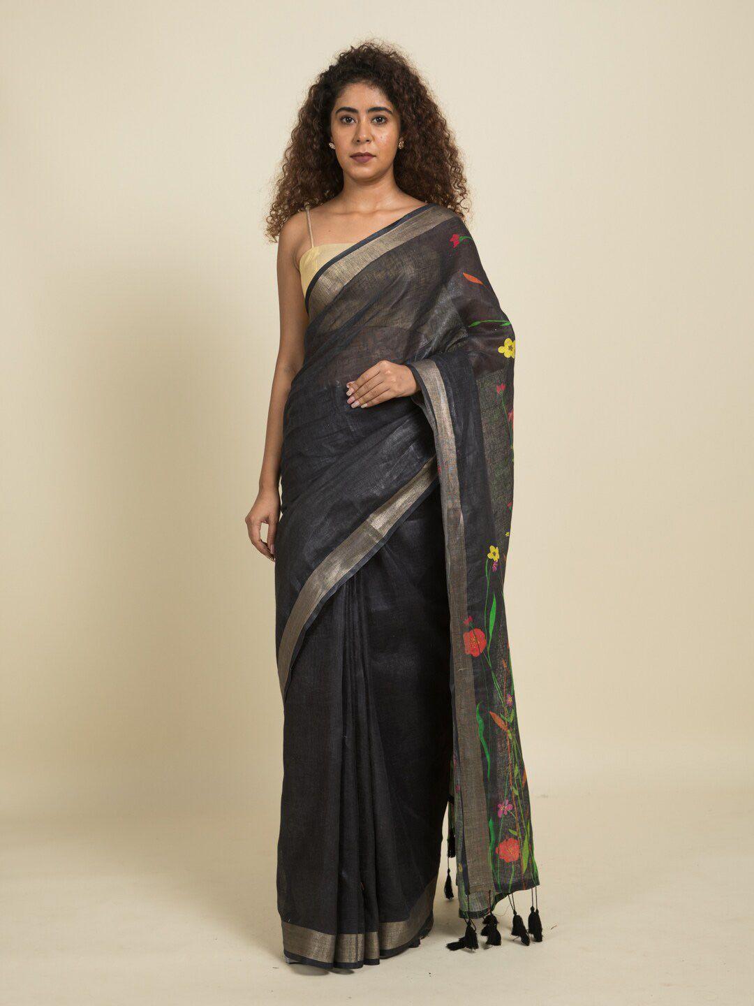 suta black & gold-toned floral digital printed zari pure cotton saree