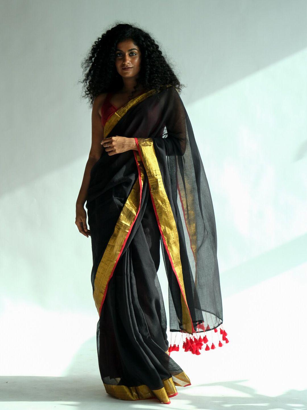 suta black & gold-toned solid zari saree