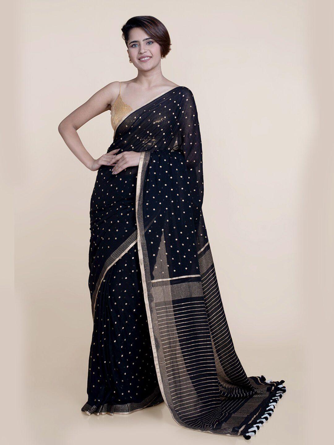 suta black & gold-toned zari pure cotton saree