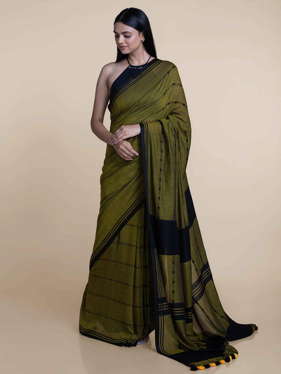 suta black & olive cotton plaid modal saree