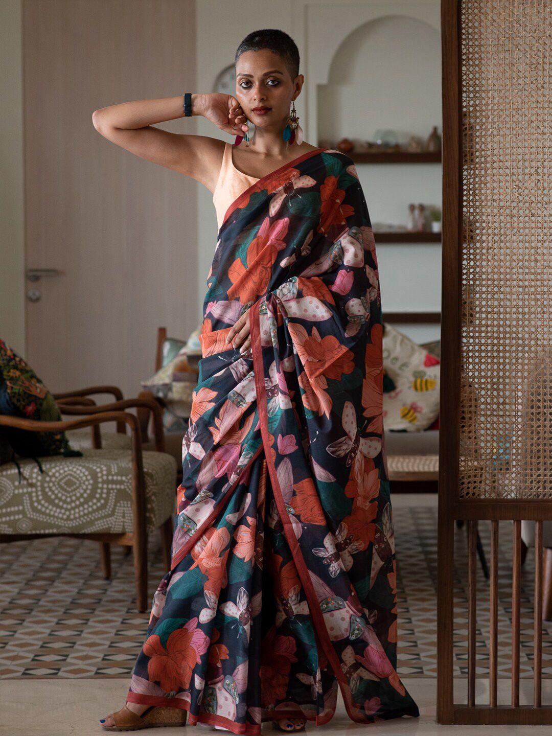 suta black & red floral printed pure cotton saree