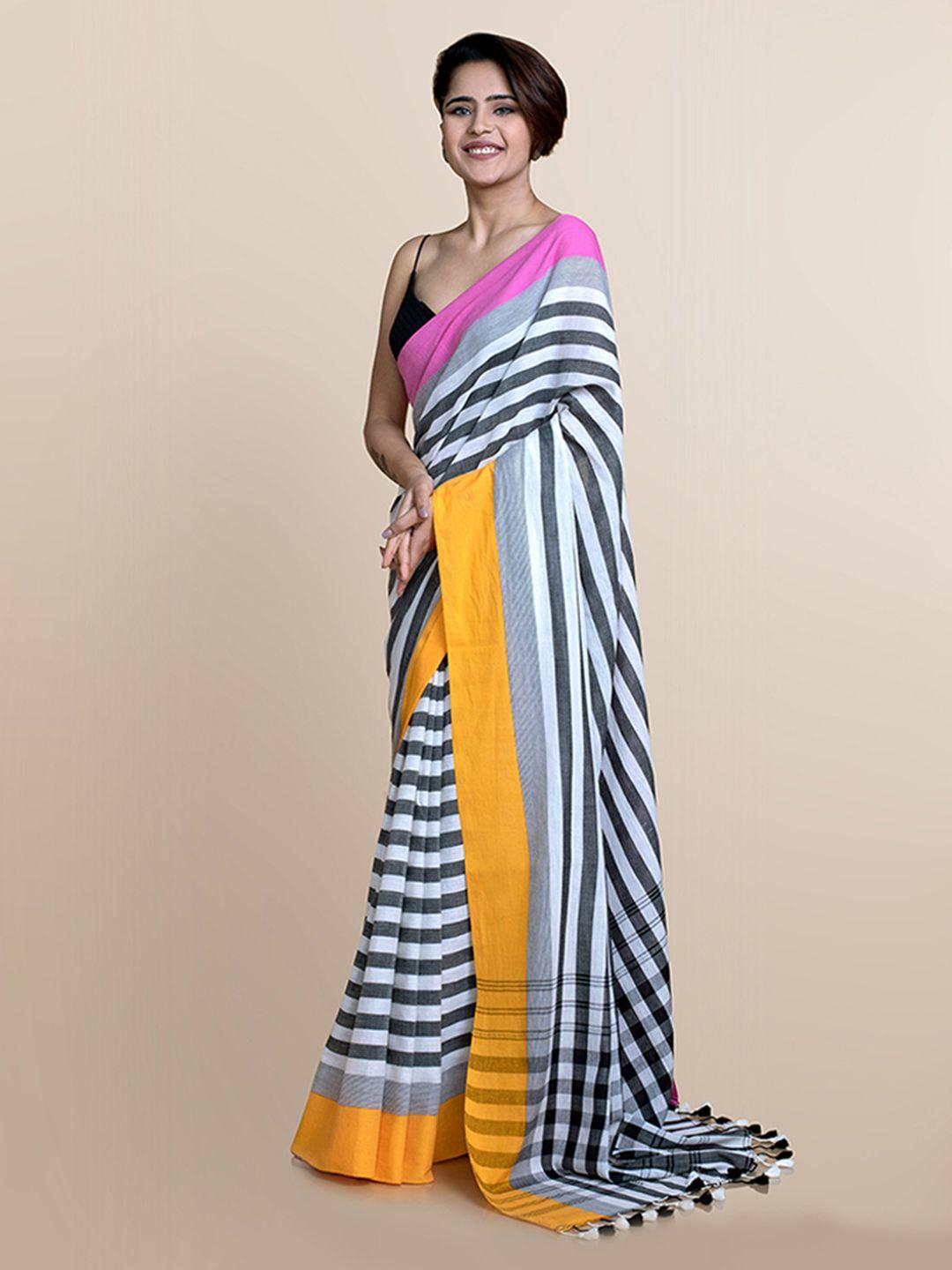 suta black & white striped pure cotton saree