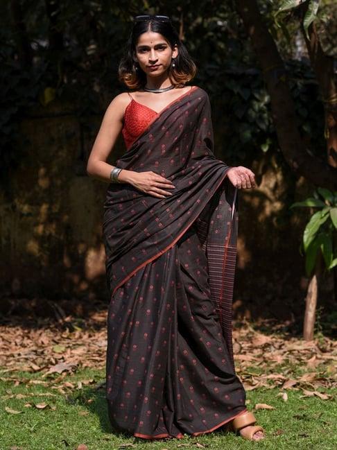 suta black cotton floral print saree without blouse