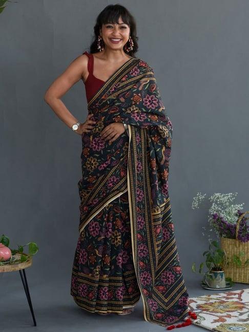 suta black cotton floral print saree without blouse