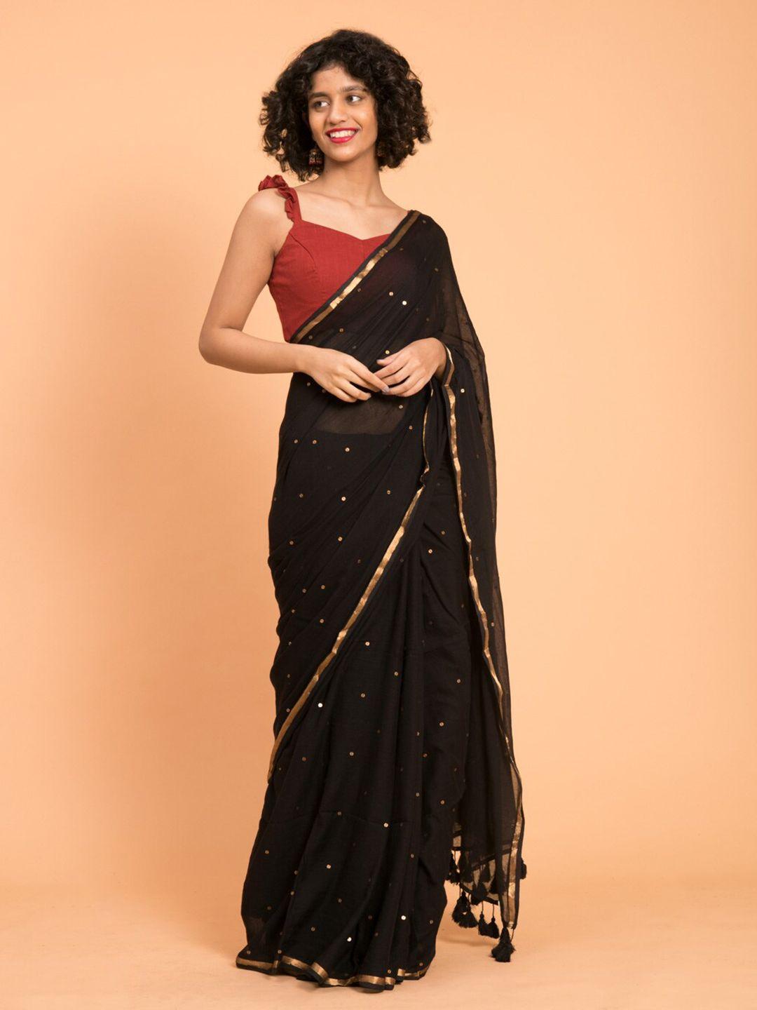suta black embellished sequinned pure cotton saree