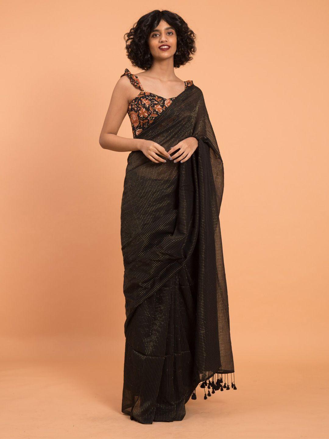 suta black woven zari  striped pure handloom cotton saree