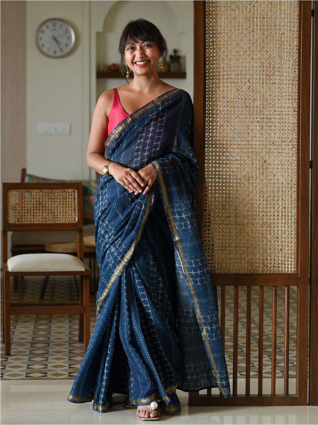 suta blue & gold-toned geometric printed zari saree