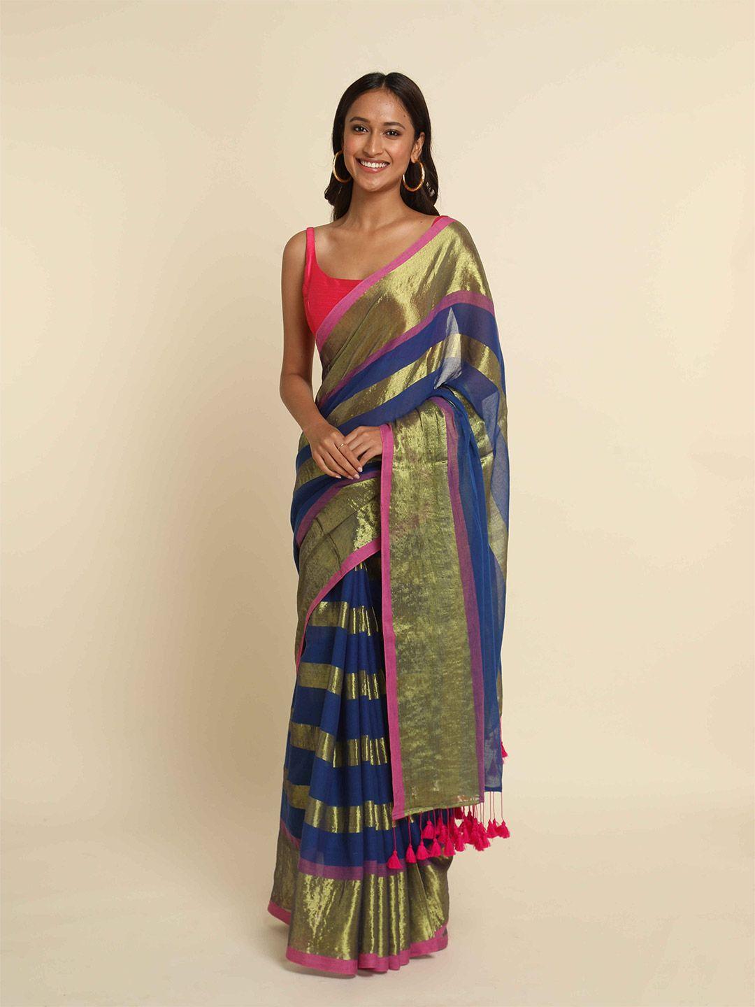 suta blue & gold-toned striped cotton blend saree
