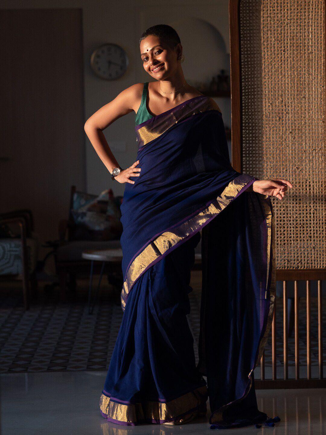 suta blue & gold-toned zari saree