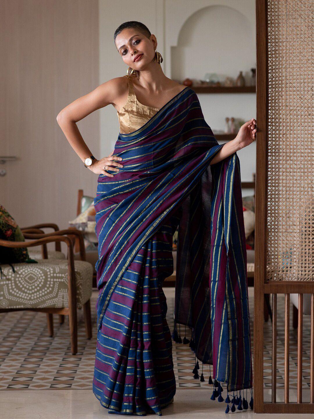 suta blue & maroon striped saree with tassels