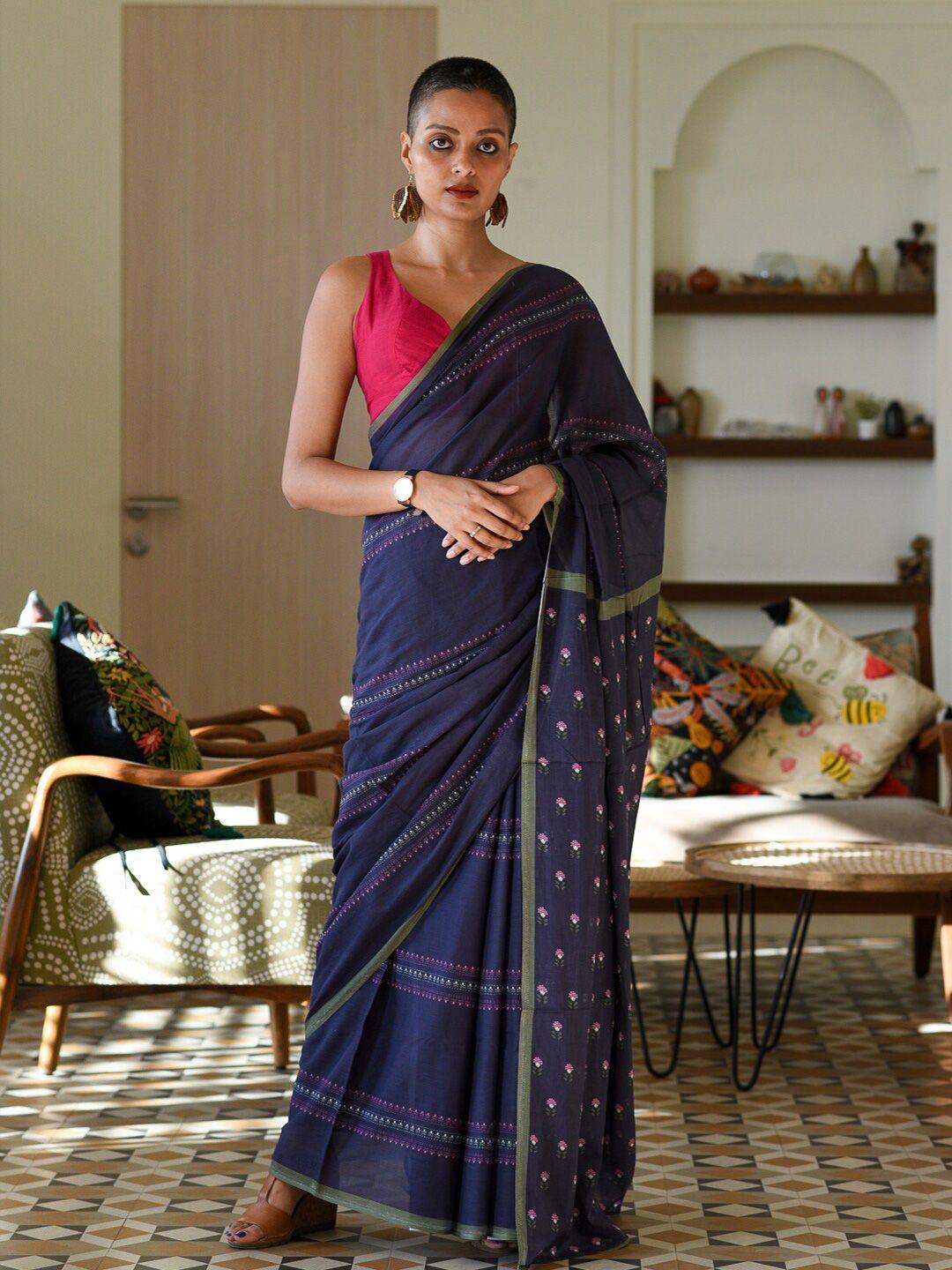 suta blue & pink floral printed pure cotton saree