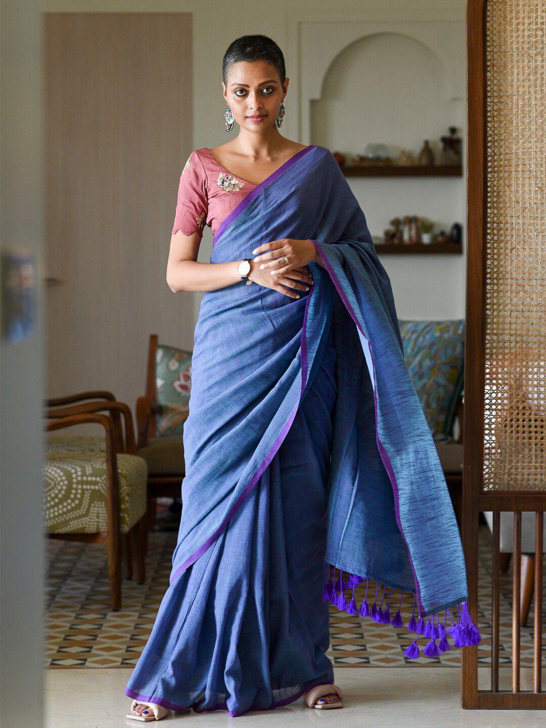 suta blue & purple saree with tassels