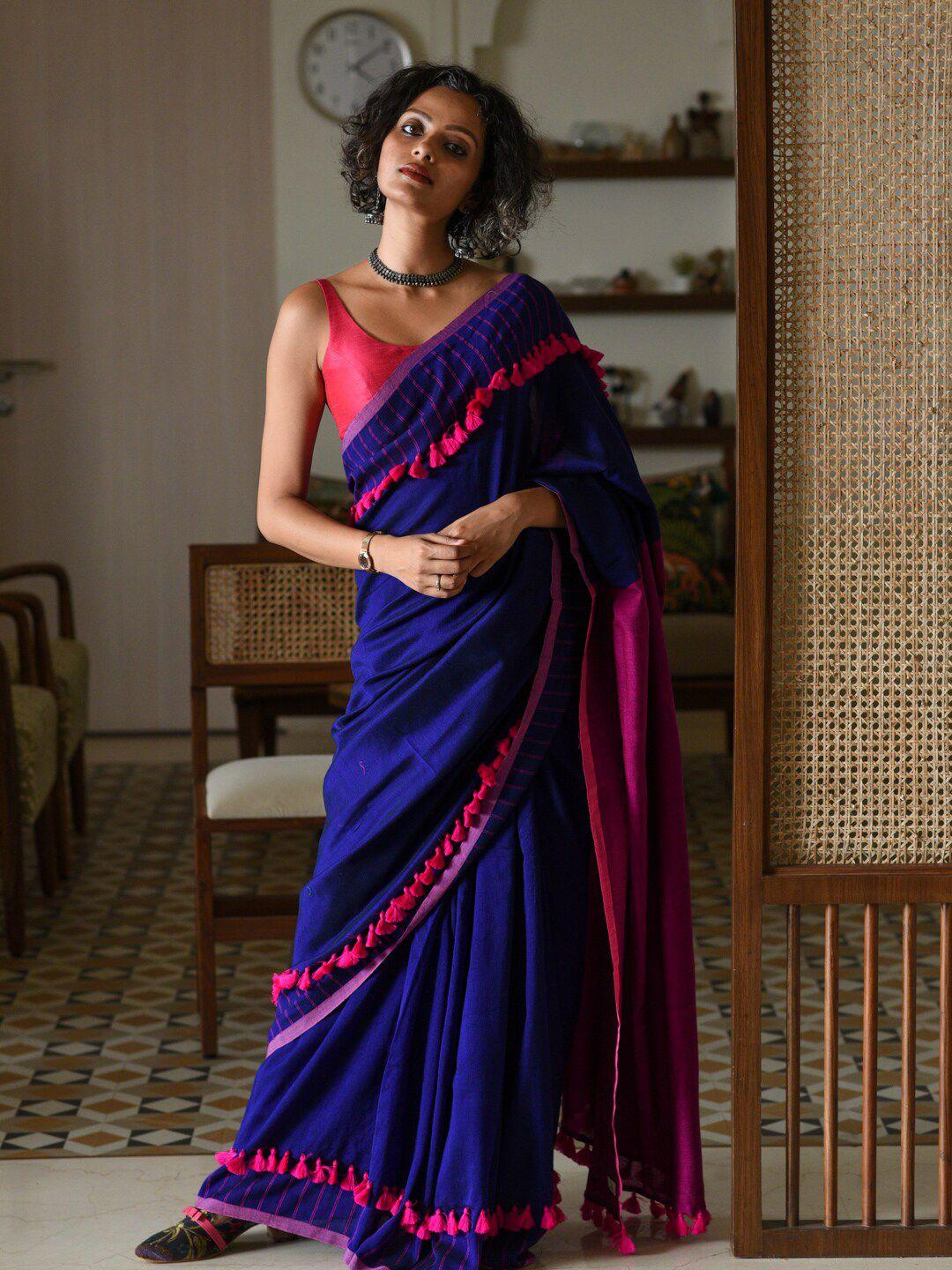 suta blue & purple tassel detailed saree