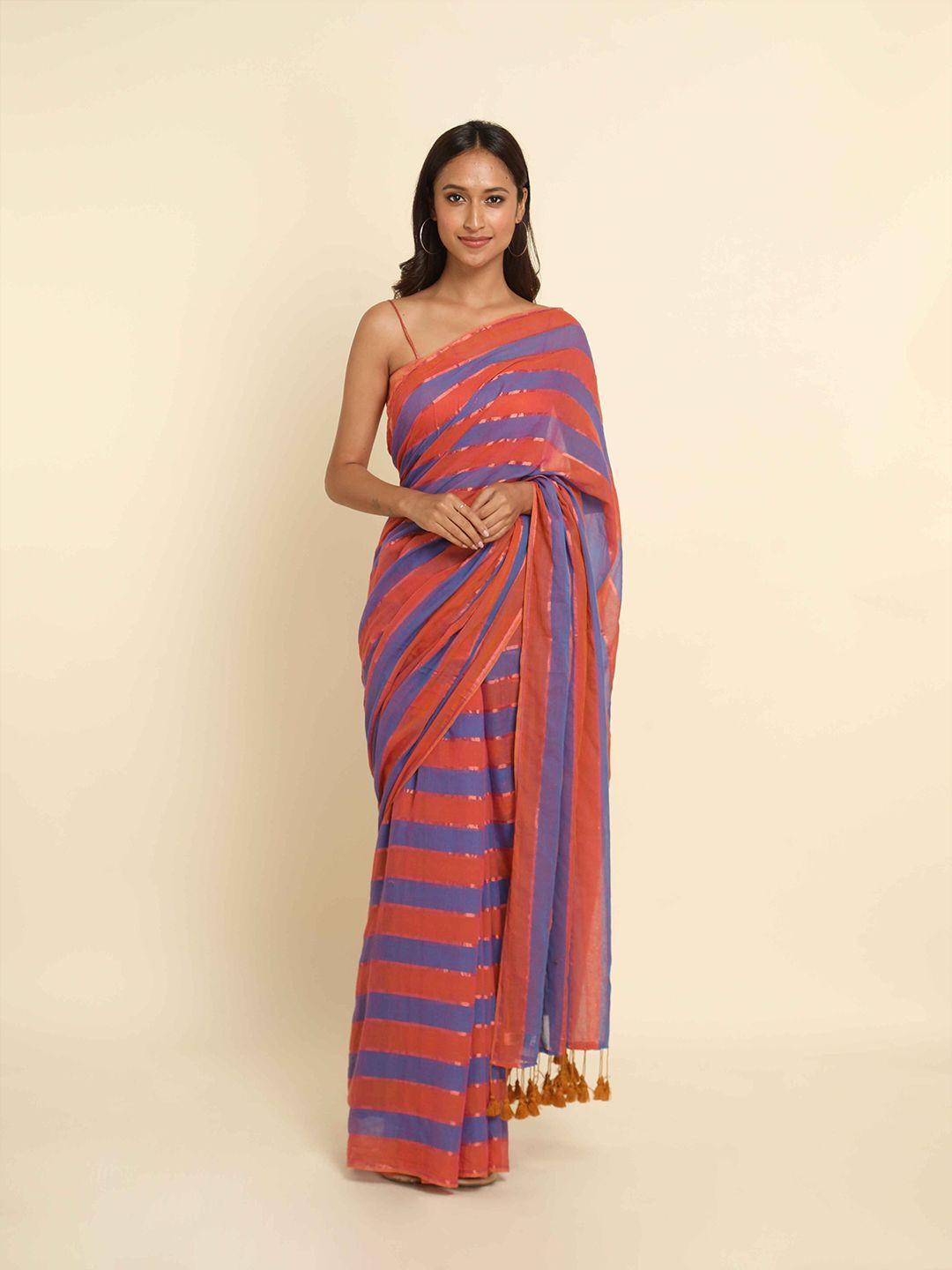 suta blue & red striped saree