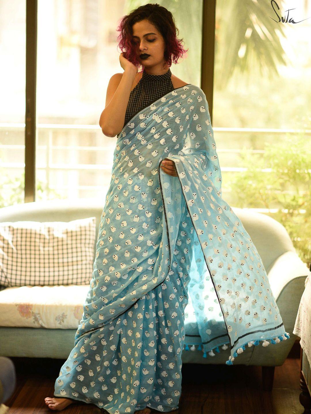 suta blue & white printed pure cotton saree