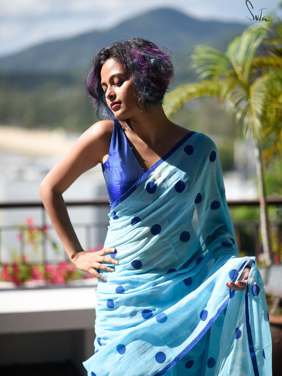 suta blue polka printed pure cotton saree