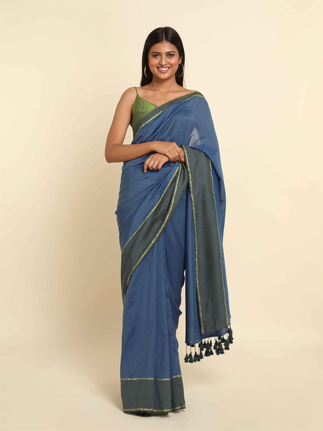 suta blue solid zari saree