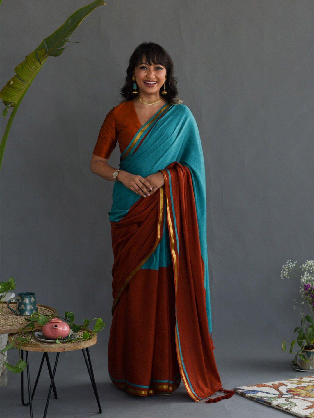 suta brown & blue colourblocked zari saree