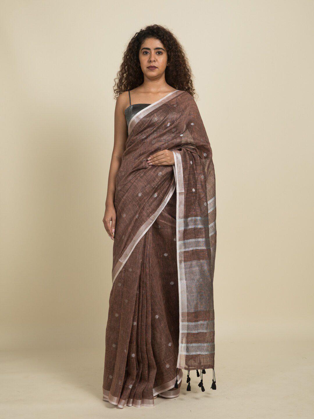 suta brown & white zari linen blend saree