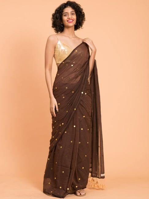 suta brown cotton embellished saree without blouse