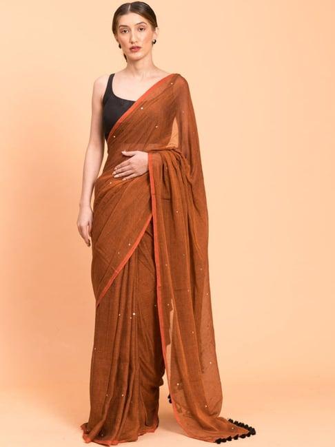 suta brown cotton embellished saree without blouse