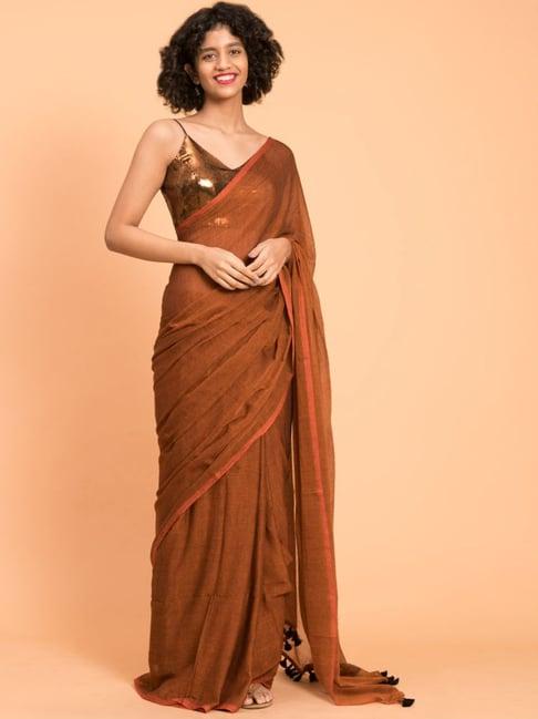 suta brown cotton saree without blouse