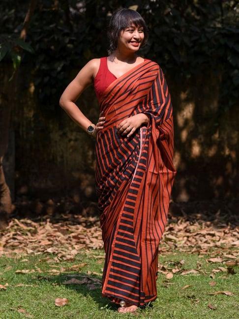 suta brown cotton striped saree without blouse