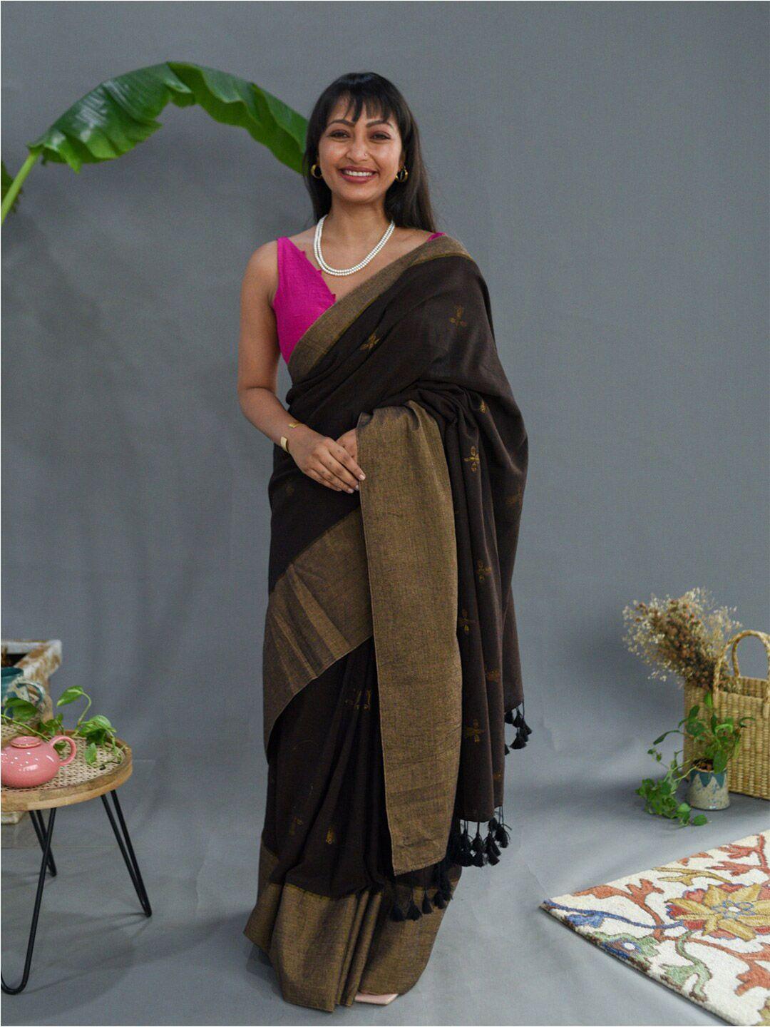 suta brown floral woven design zari pure cotton saree