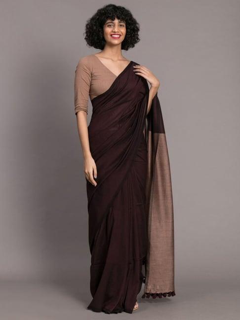 suta brown plain saree without blouse