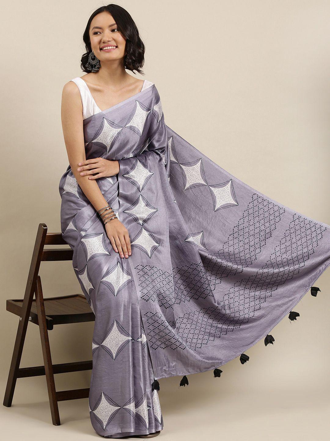 suta charcoal grey & white printed saree