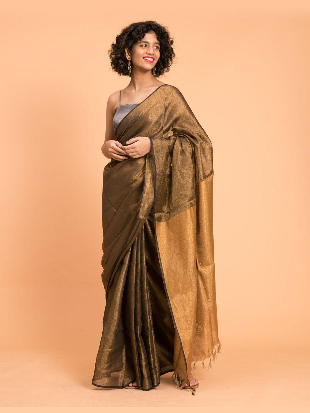 suta gold-toned solid zari pure linen saree