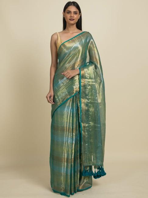 suta green & blue zari work saree without blouse